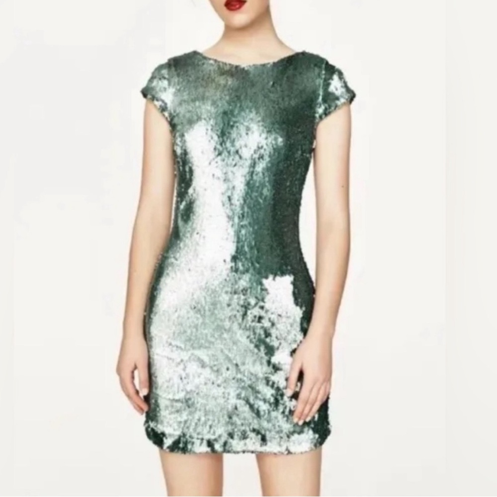 NWOT Zara Basic, mint green mini sequin dress